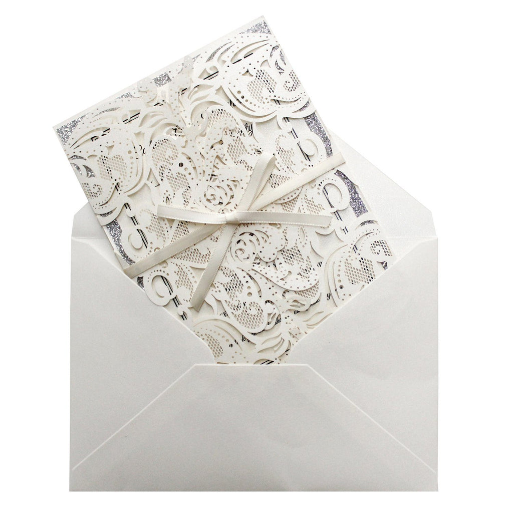 White Lace Wedding Invitations, Glitter Wedding Invitations Picky Bride