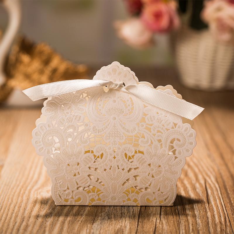 White Wedding Favor Box, White Wedding Candy Box, Basket Wedding Favors Box with Ribbon - Set of 50 Picky Bride 
