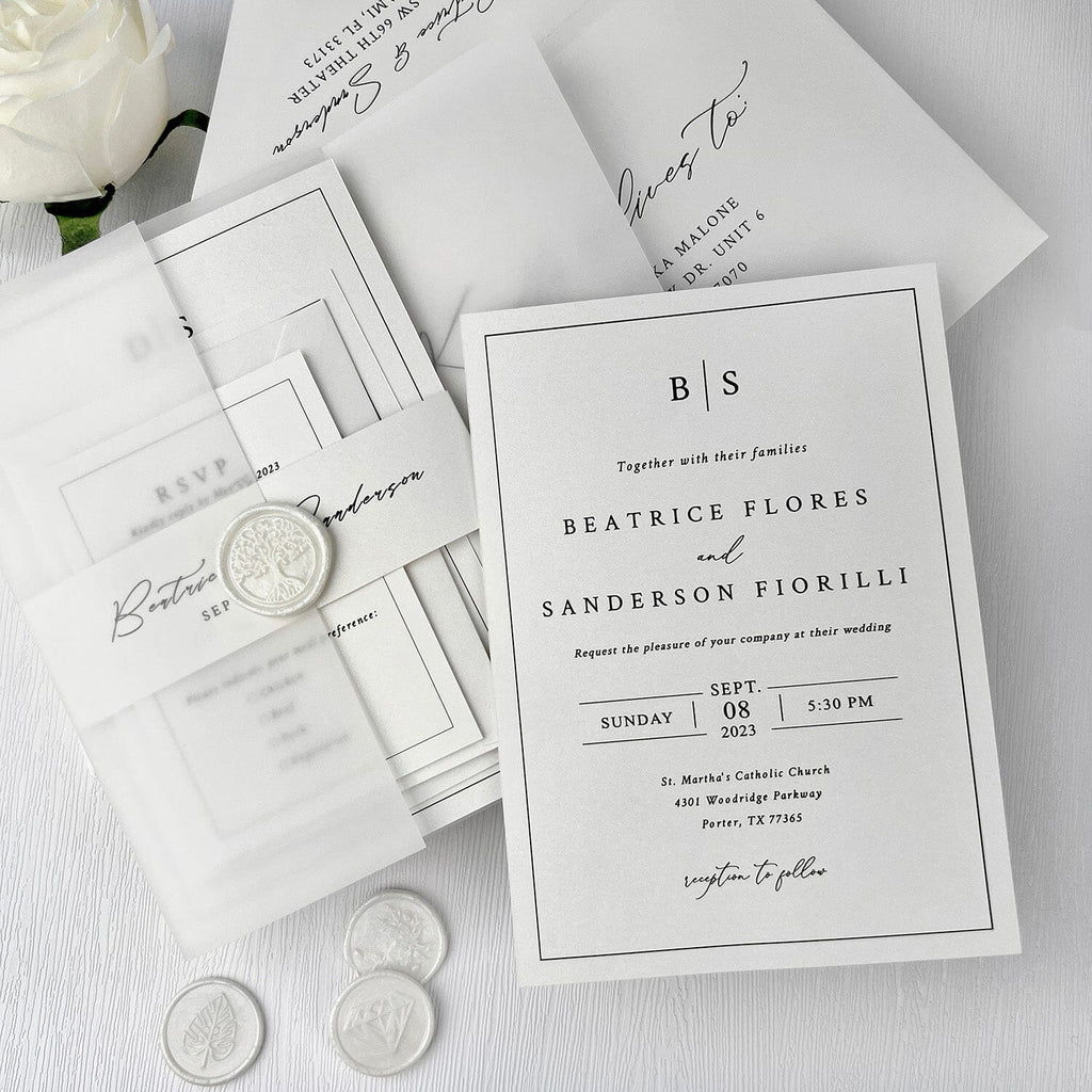 5x7 Minimalism Vellum Wedding Invitation, Elegant White Vellum Invite Cards, Translucent Invitations with Wax Seal Wedding Ceremony Supplies Picky Bride 