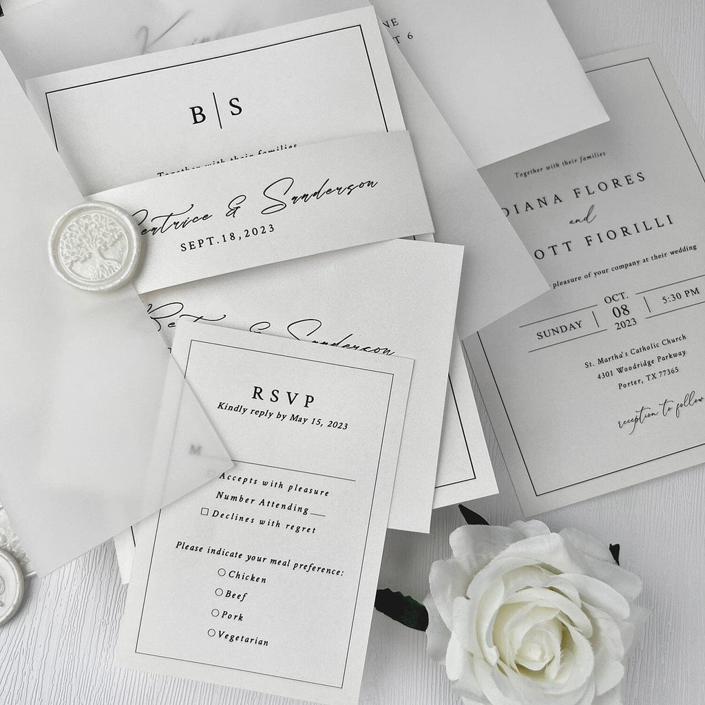 5x7 Minimalism Vellum Wedding Invitation, Elegant White Vellum Invite Cards, Translucent Invitations with Wax Seal Wedding Ceremony Supplies Picky Bride 