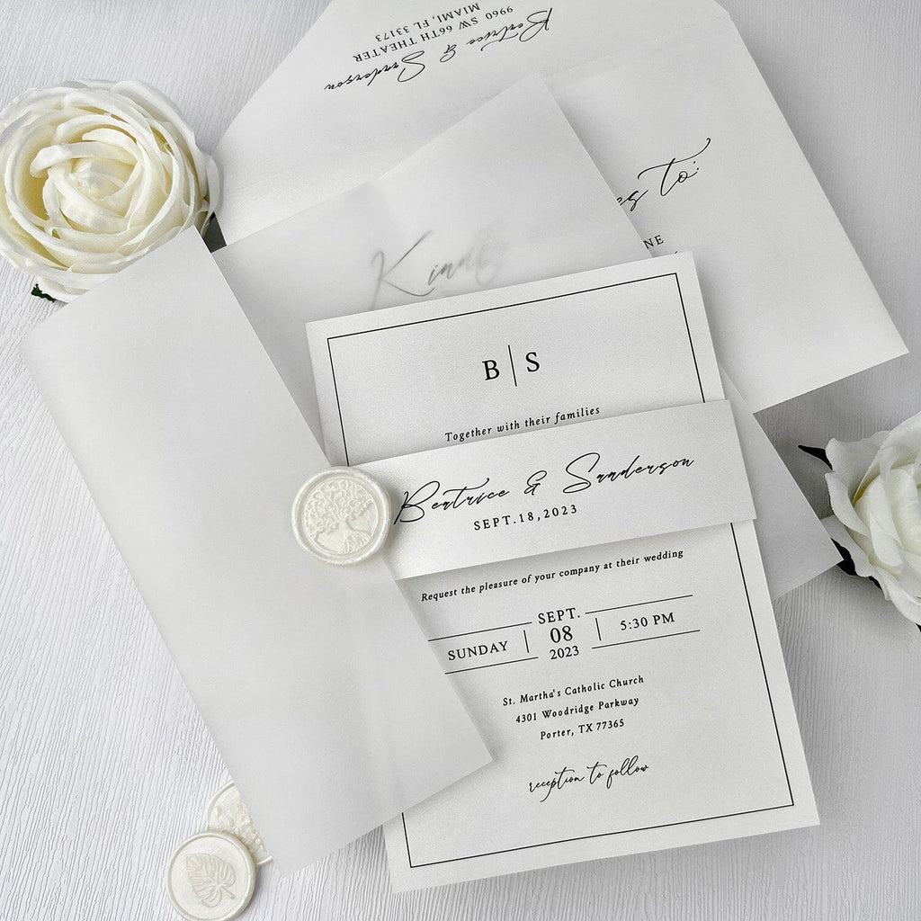 5x7 Minimalism Vellum Wedding Invitation, Elegant White Vellum Invite Cards, Translucent Invitations with Wax Seal Wedding Ceremony Supplies Picky Bride 