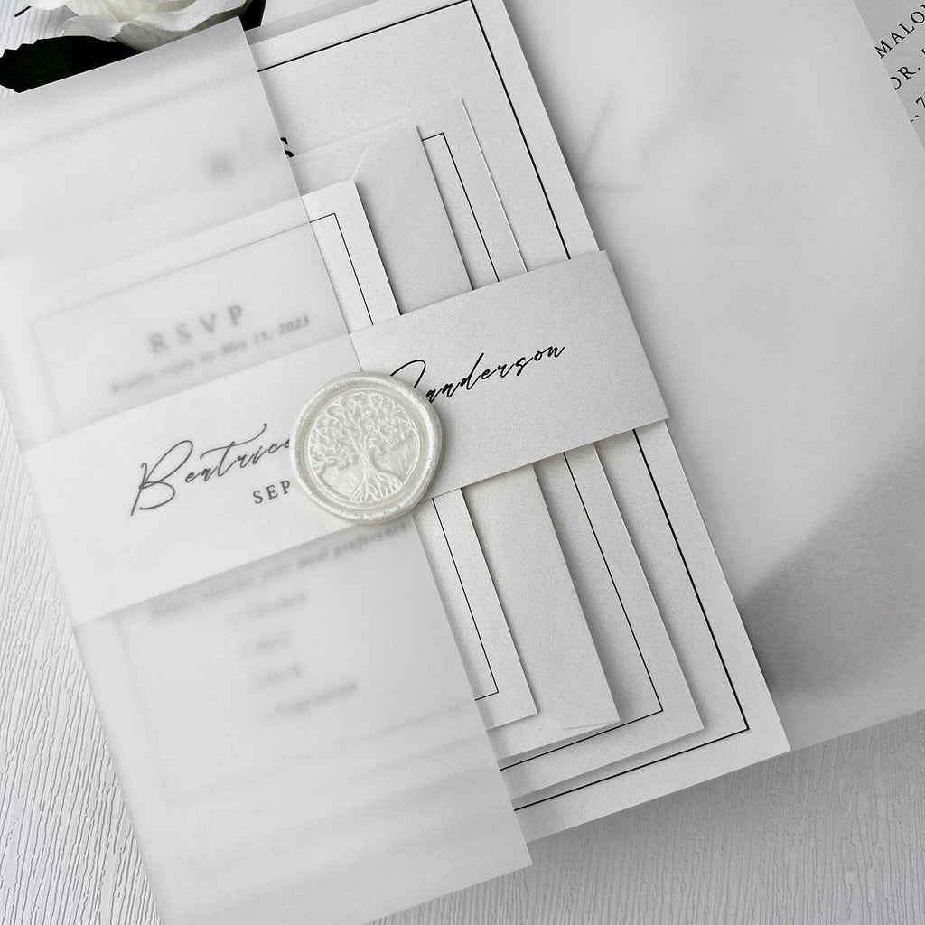 5x7 Minimalism Vellum Wedding Invitation, Elegant White Vellum Invite Cards, Translucent Invitations with Wax Seal Wedding Ceremony Supplies Picky Bride 