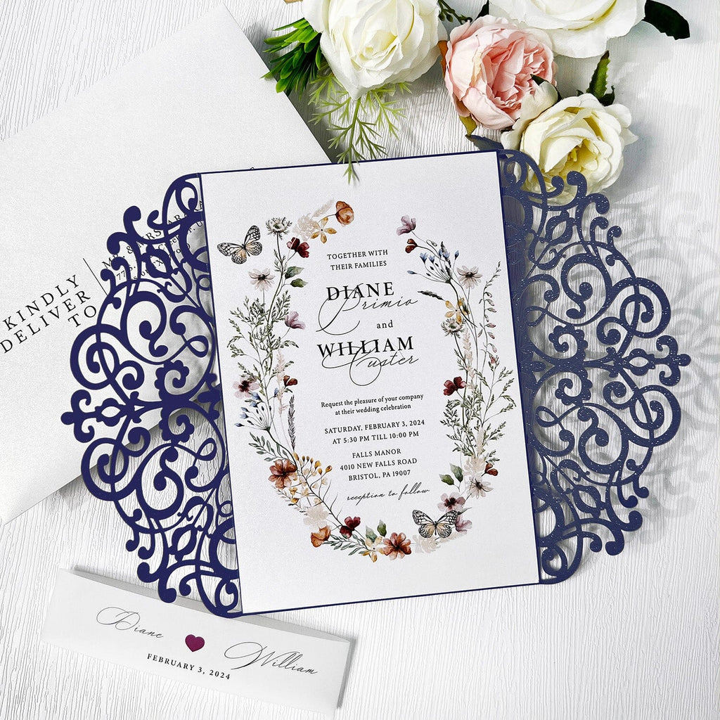 5x7 Navy Laser Cut Wedding Invitation with Vellum Bellyband, Watercolor Floral Wedding Invites Cards and RSVP Cards Wedding Ceremony Supplies Picky Bride 