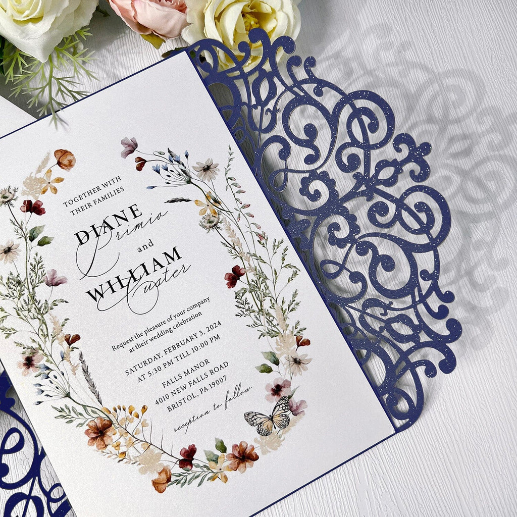 5x7 Navy Laser Cut Wedding Invitation with Vellum Bellyband, Watercolor Floral Wedding Invites Cards and RSVP Cards Wedding Ceremony Supplies Picky Bride 