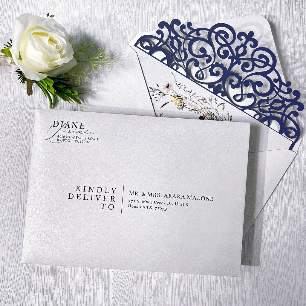 5x7 Navy Laser Cut Wedding Invitation with Vellum Bellyband, Watercolor Floral Wedding Invites Cards and RSVP Cards Wedding Ceremony Supplies Picky Bride 