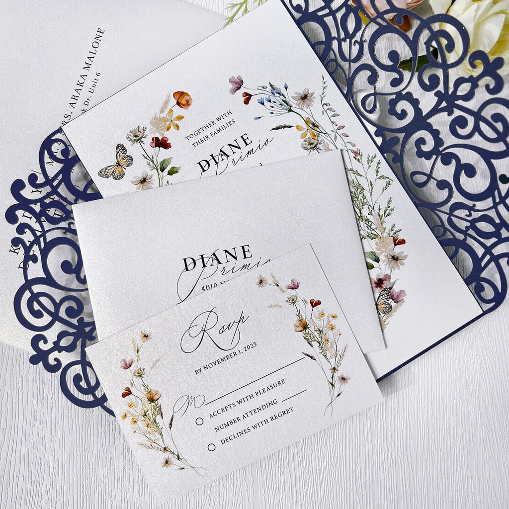 5x7 Navy Laser Cut Wedding Invitation with Vellum Bellyband, Watercolor Floral Wedding Invites Cards and RSVP Cards Wedding Ceremony Supplies Picky Bride 