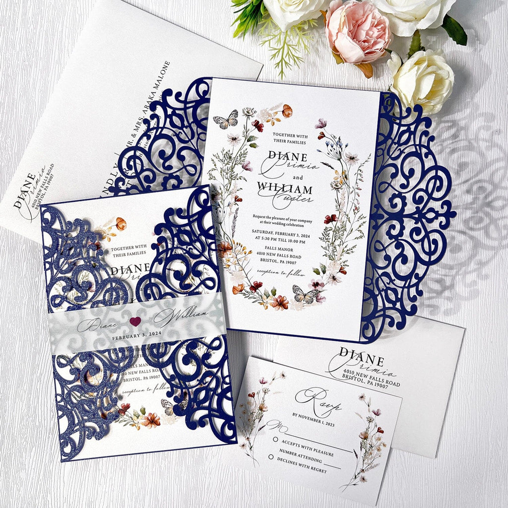 5x7 Navy Laser Cut Wedding Invitation with Vellum Bellyband, Watercolor Floral Wedding Invites Cards and RSVP Cards Wedding Ceremony Supplies Picky Bride 