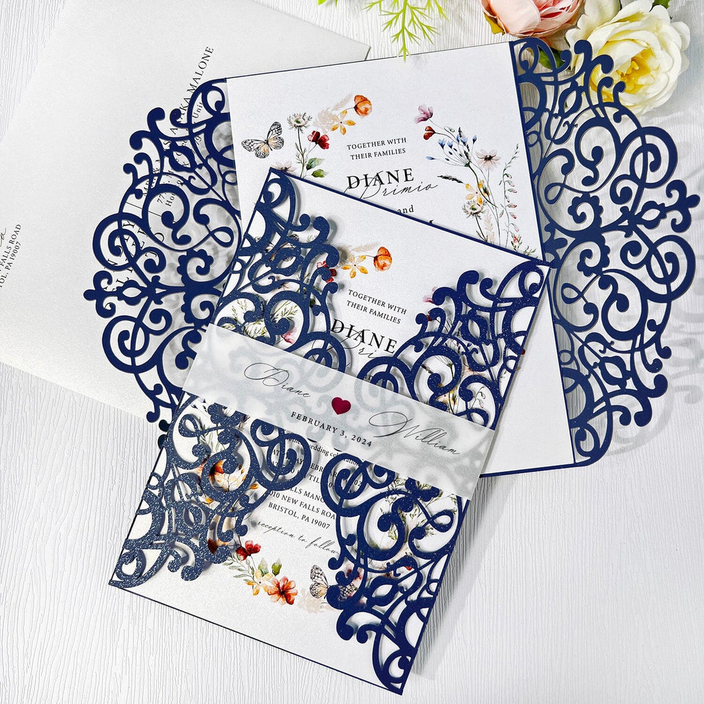 5x7 Navy Laser Cut Wedding Invitation with Vellum Bellyband, Watercolor Floral Wedding Invites Cards and RSVP Cards Wedding Ceremony Supplies Picky Bride 