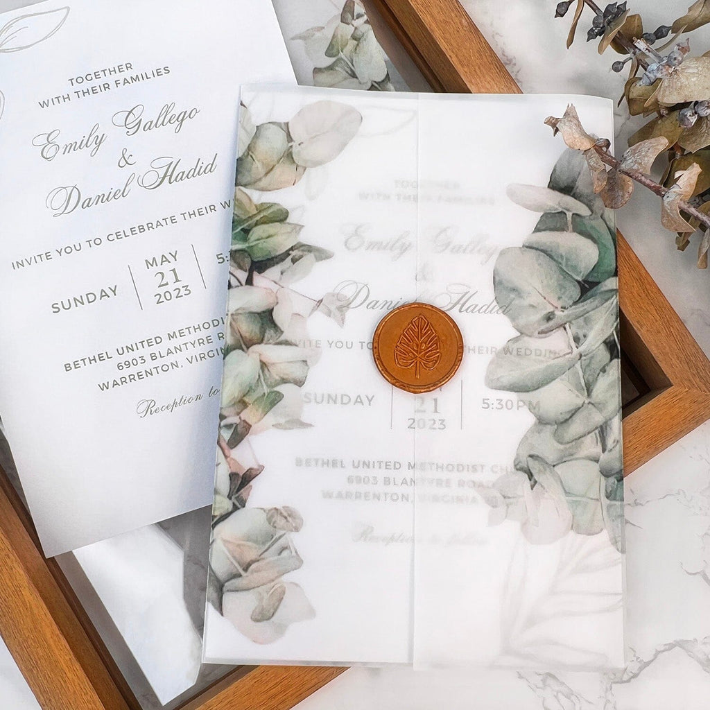 5x7 Vellum Eucalyptus Wedding Invitations and Gold leaf Wax Seal, Greenery Foliage Wedding Invites, Botanical Invites Card Wedding Ceremony Supplies Picky Bride 