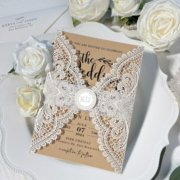 5x7 Vintage Laser Cut Wedding Invitation, Lace Gate Fold Invitations with RSVP, Handmade Wax Seal for Wedding Invites Wedding Ceremony Supplies Picky Bride 