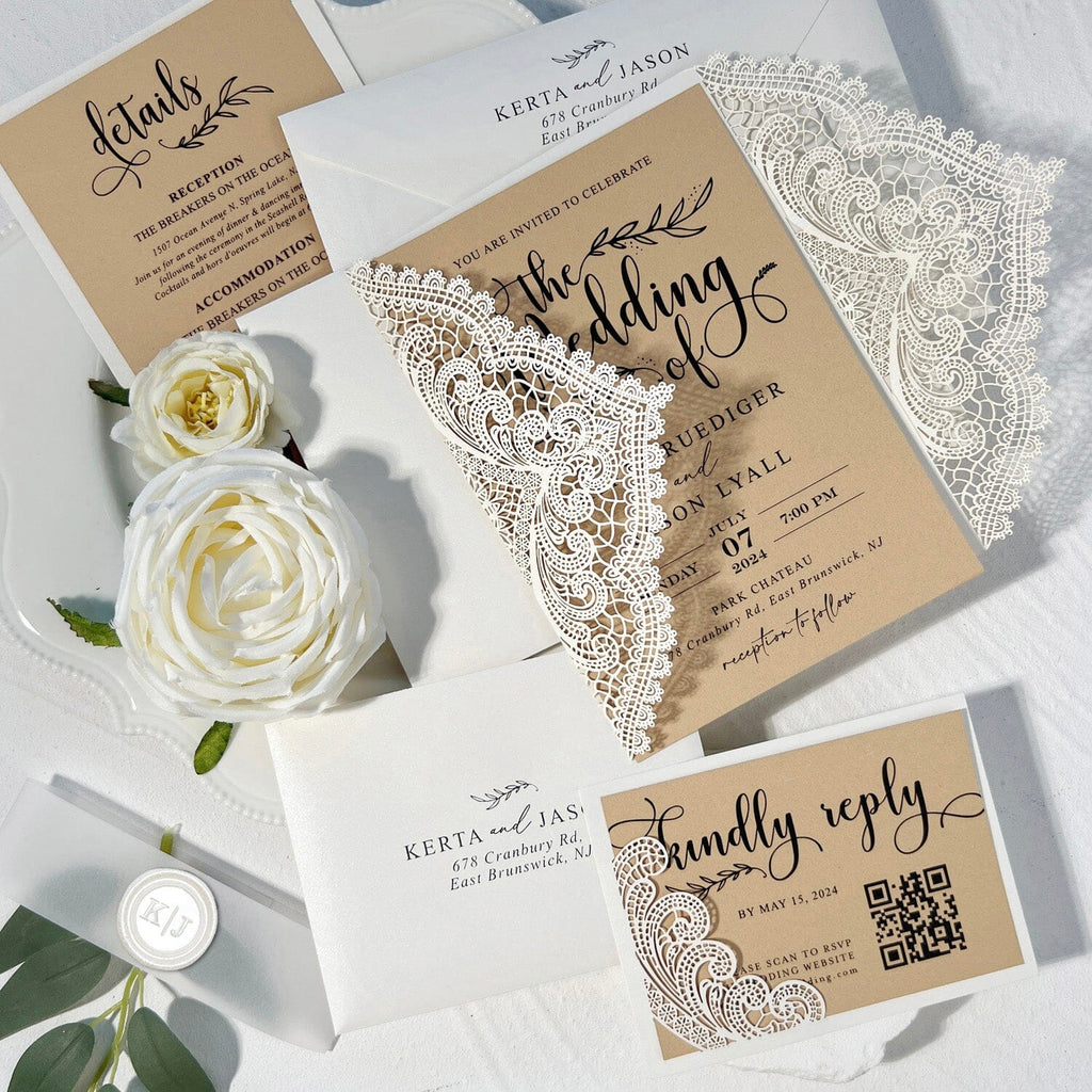 5x7 Vintage Laser Cut Wedding Invitation, Lace Gate Fold Invitations with RSVP, Handmade Wax Seal for Wedding Invites Wedding Ceremony Supplies Picky Bride 