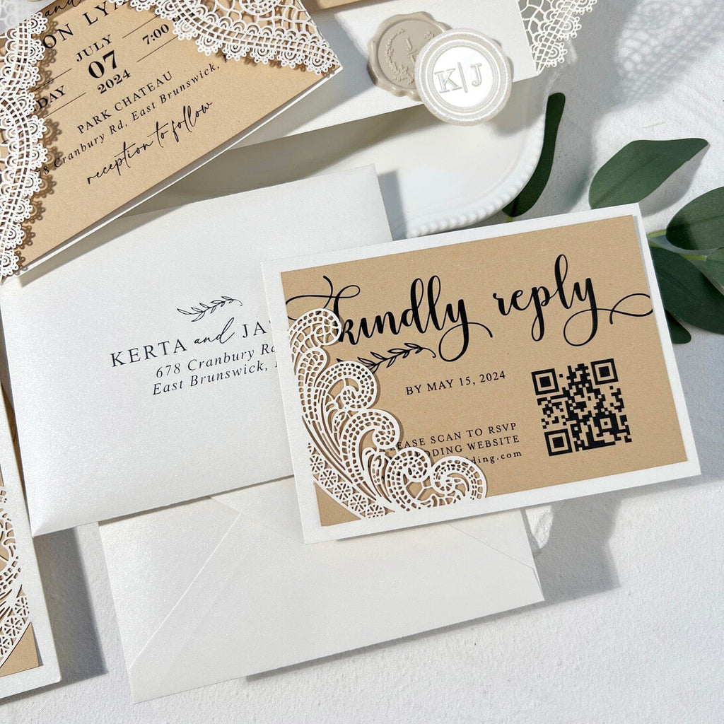 5x7 Vintage Laser Cut Wedding Invitation, Lace Gate Fold Invitations with RSVP, Handmade Wax Seal for Wedding Invites Wedding Ceremony Supplies Picky Bride 