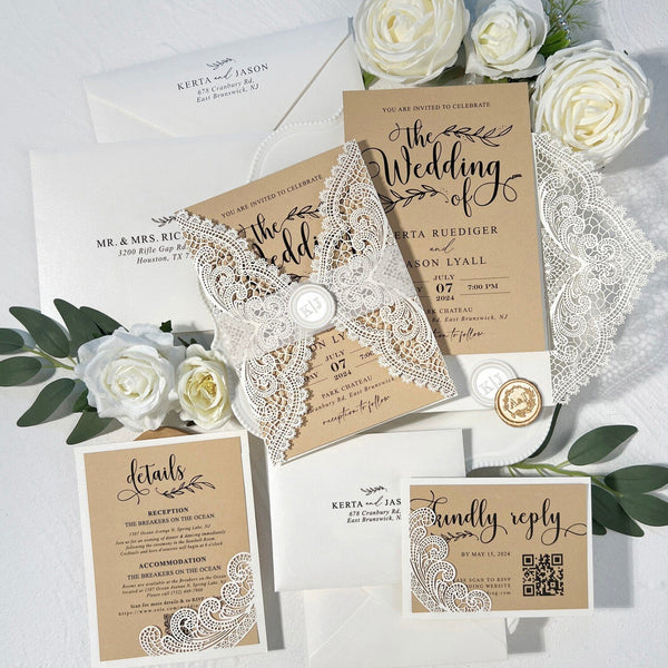 5x7 Vintage Laser Cut Wedding Invitation, Lace Gate Fold Invitations with RSVP, Handmade Wax Seal for Wedding Invites Wedding Ceremony Supplies Picky Bride 