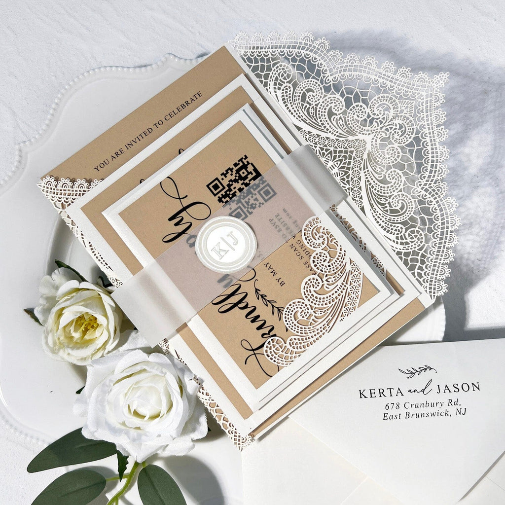 5x7 Vintage Laser Cut Wedding Invitation, Lace Gate Fold Invitations with RSVP, Handmade Wax Seal for Wedding Invites Wedding Ceremony Supplies Picky Bride 