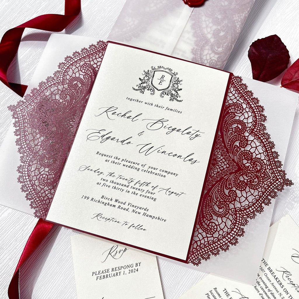 5x7inch Burgundy Lace Wedding Invitation Suite and Vellum Wrap, Laser Cut Royal Wedding Invites Elegant, Customized Wax Seal Wedding Ceremony Supplies Picky Bride 