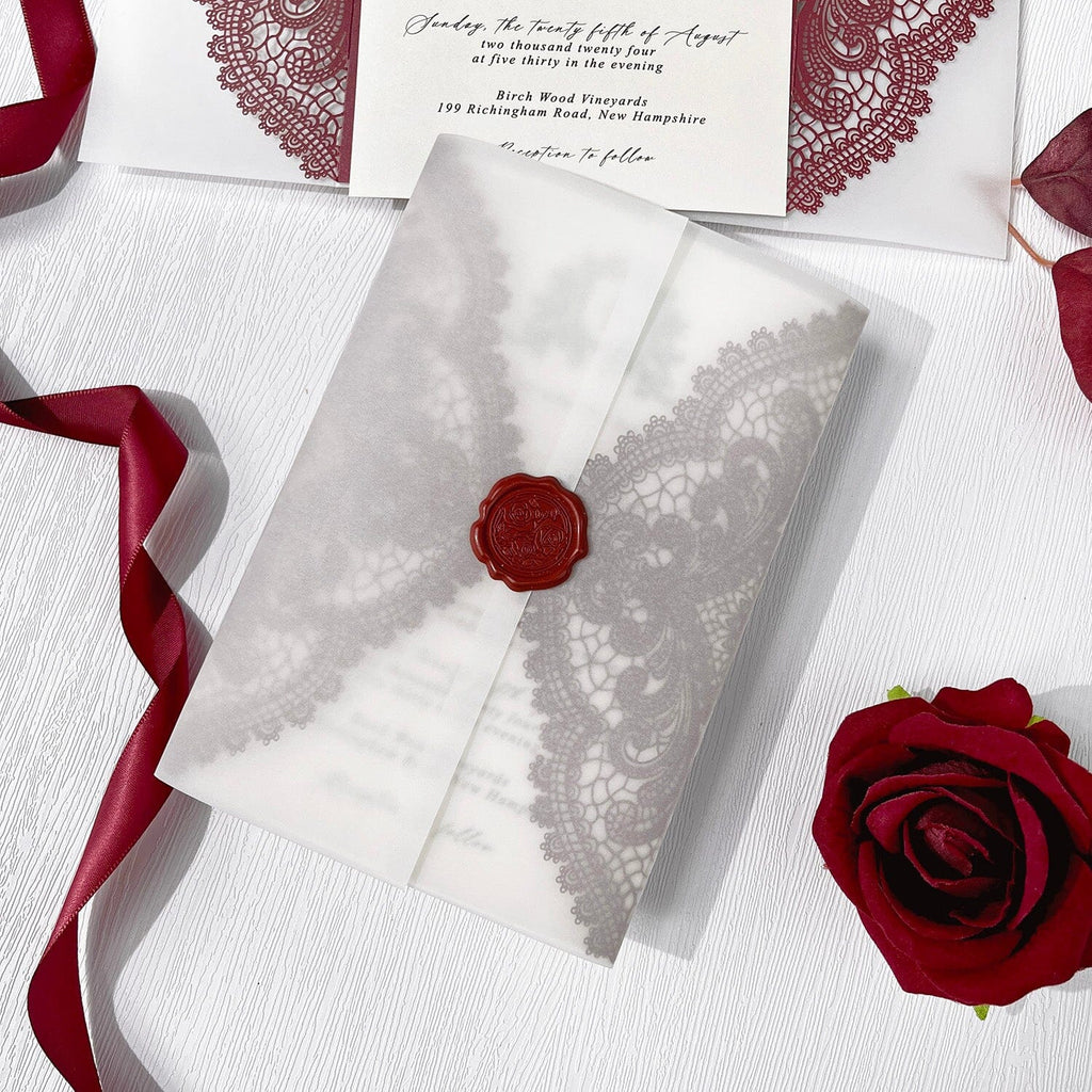 5x7inch Burgundy Lace Wedding Invitation Suite and Vellum Wrap, Laser Cut Royal Wedding Invites Elegant, Customized Wax Seal Wedding Ceremony Supplies Picky Bride 