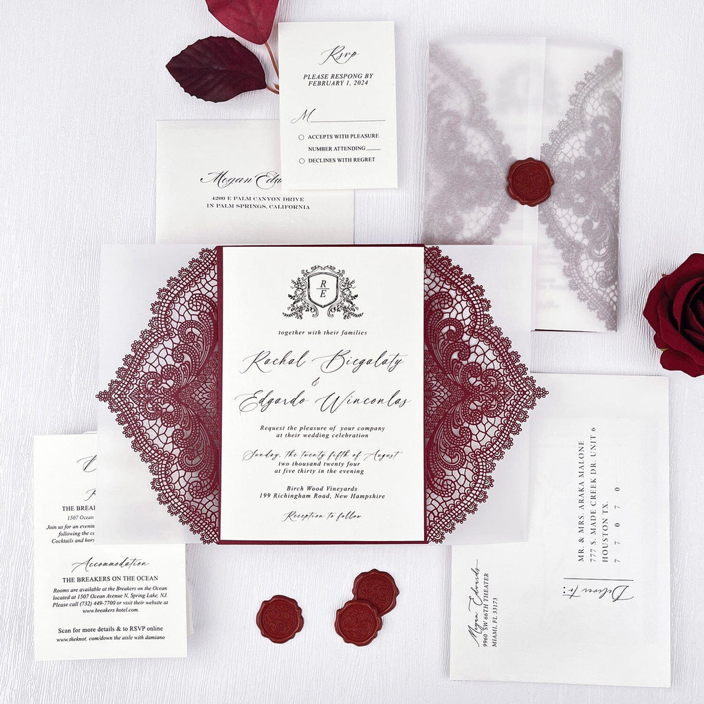 5x7inch Burgundy Lace Wedding Invitation Suite and Vellum Wrap, Laser Cut Royal Wedding Invites Elegant, Customized Wax Seal Wedding Ceremony Supplies Picky Bride 