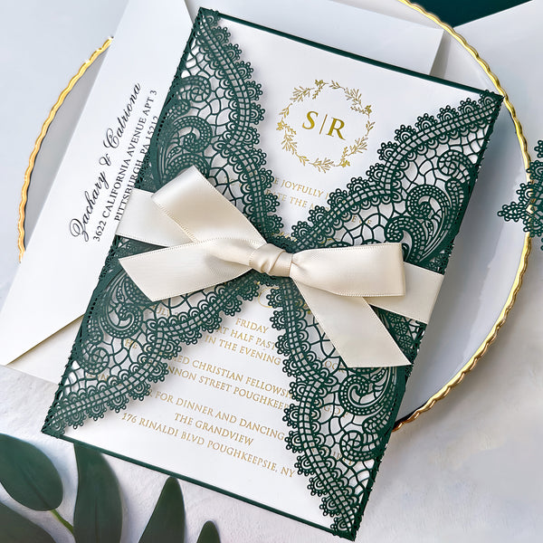 Emerald Green Lace Laser Cut Wedding Invitations, Gold Foil Printing Invites and RSVP Cards, Shimmery Invitation