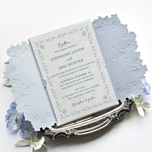 Baby Blue Embossed Floral Wedding Invitation, Elegant Blue and Ivory Cotton Paper Invites, Ivory Shell Wax Seal Wedding Ceremony Supplies Picky Bride 