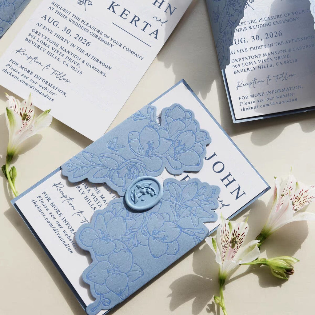 Baby Blue Floral Wedding Invitation, Elegant Blue and Ivory Invites, Personalized Wax Seal with Lily of the Valley Wedding Ceremony Supplies Picky Bride 