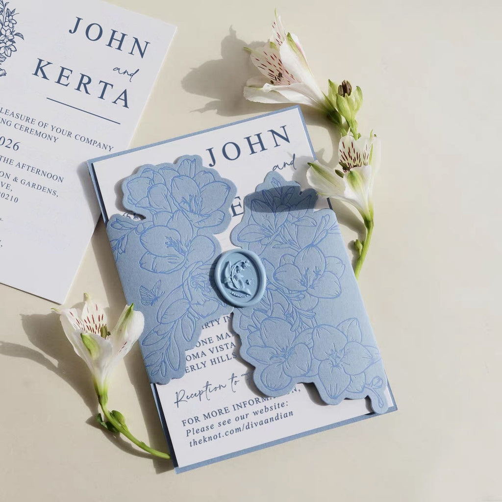Baby Blue Floral Wedding Invitation, Elegant Blue and Ivory Invites, Personalized Wax Seal with Lily of the Valley Wedding Ceremony Supplies Picky Bride 