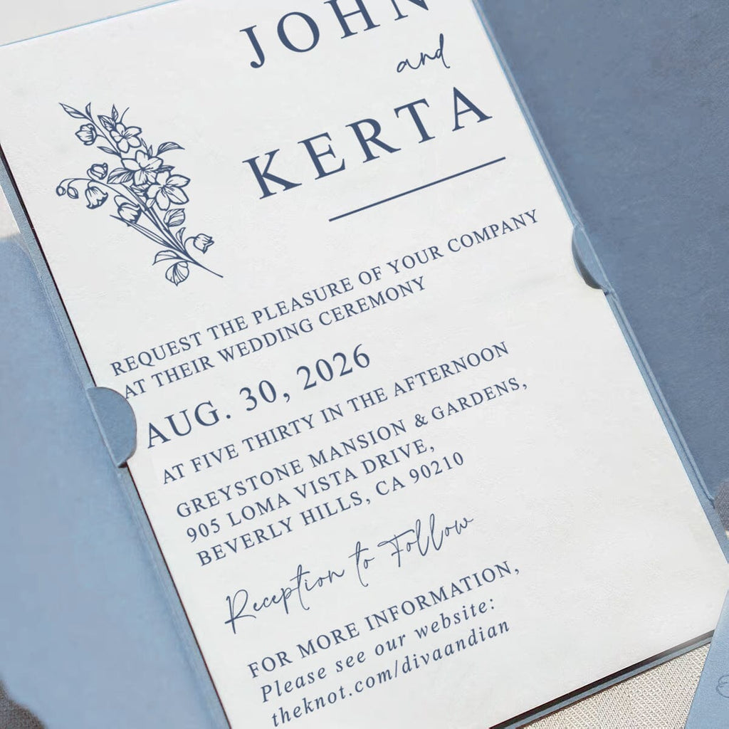 Baby Blue Floral Wedding Invitation, Elegant Blue and Ivory Invites, Personalized Wax Seal with Lily of the Valley Wedding Ceremony Supplies Picky Bride 