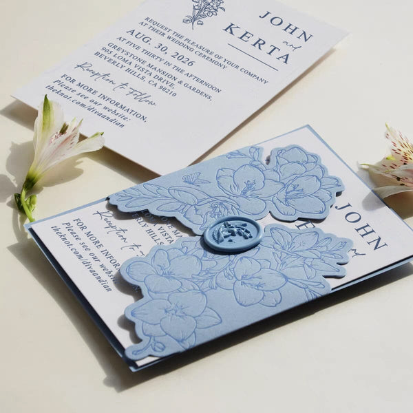 Baby Blue Floral Wedding Invitation, Elegant Blue and Ivory Invites, Personalized Wax Seal with Lily of the Valley Wedding Ceremony Supplies Picky Bride 