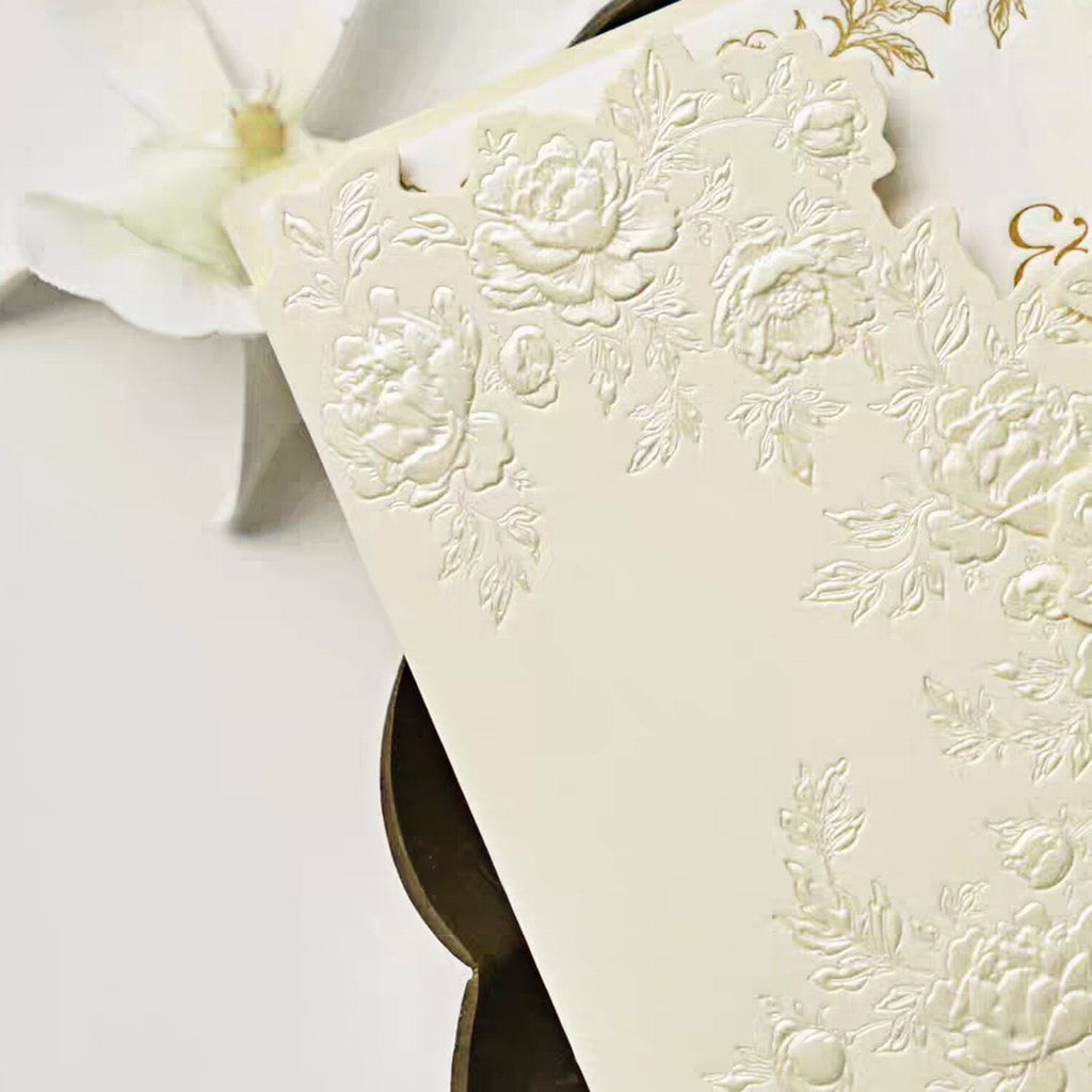 Beige Embossed Floral Wedding Invitation, Elegant Ivory Cotton Paper Invites, Ribbon Bow Wax Seal Wedding Ceremony Supplies Picky Bride 