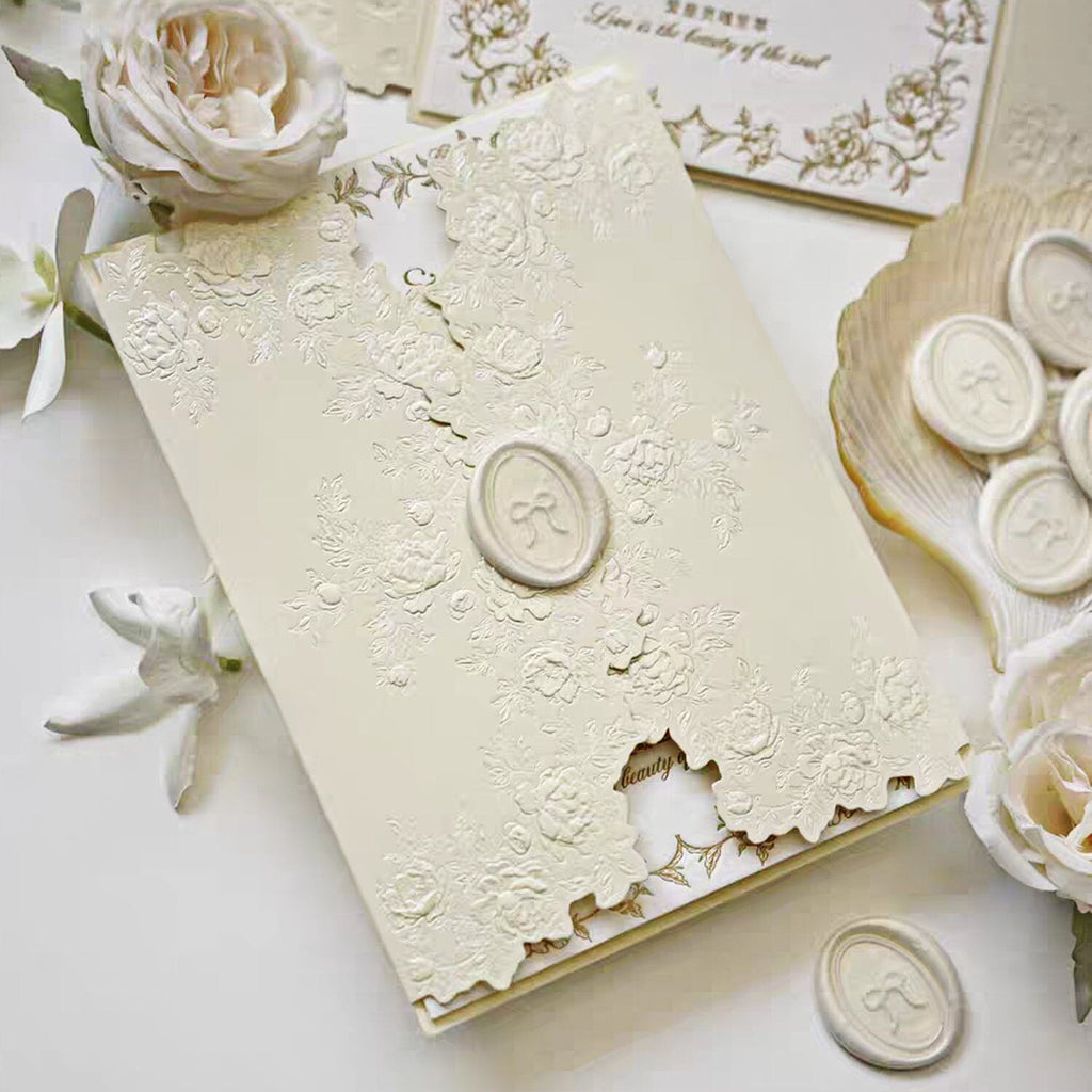 Beige Embossed Floral Wedding Invitation, Elegant Ivory Cotton Paper Invites, Ribbon Bow Wax Seal Wedding Ceremony Supplies Picky Bride 