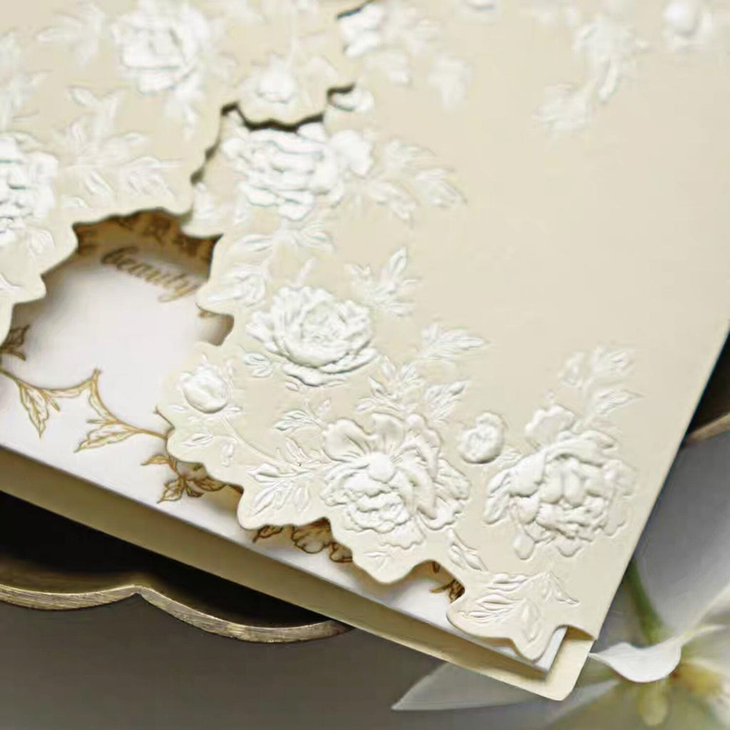 Beige Embossed Floral Wedding Invitation, Elegant Ivory Cotton Paper Invites, Ribbon Bow Wax Seal Wedding Ceremony Supplies Picky Bride 