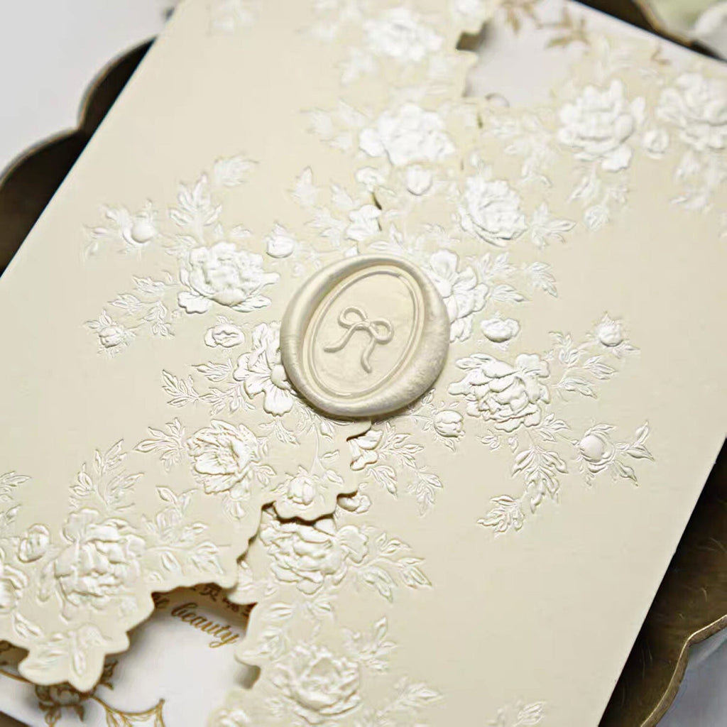 Beige Embossed Floral Wedding Invitation, Elegant Ivory Cotton Paper Invites, Ribbon Bow Wax Seal Wedding Ceremony Supplies Picky Bride 