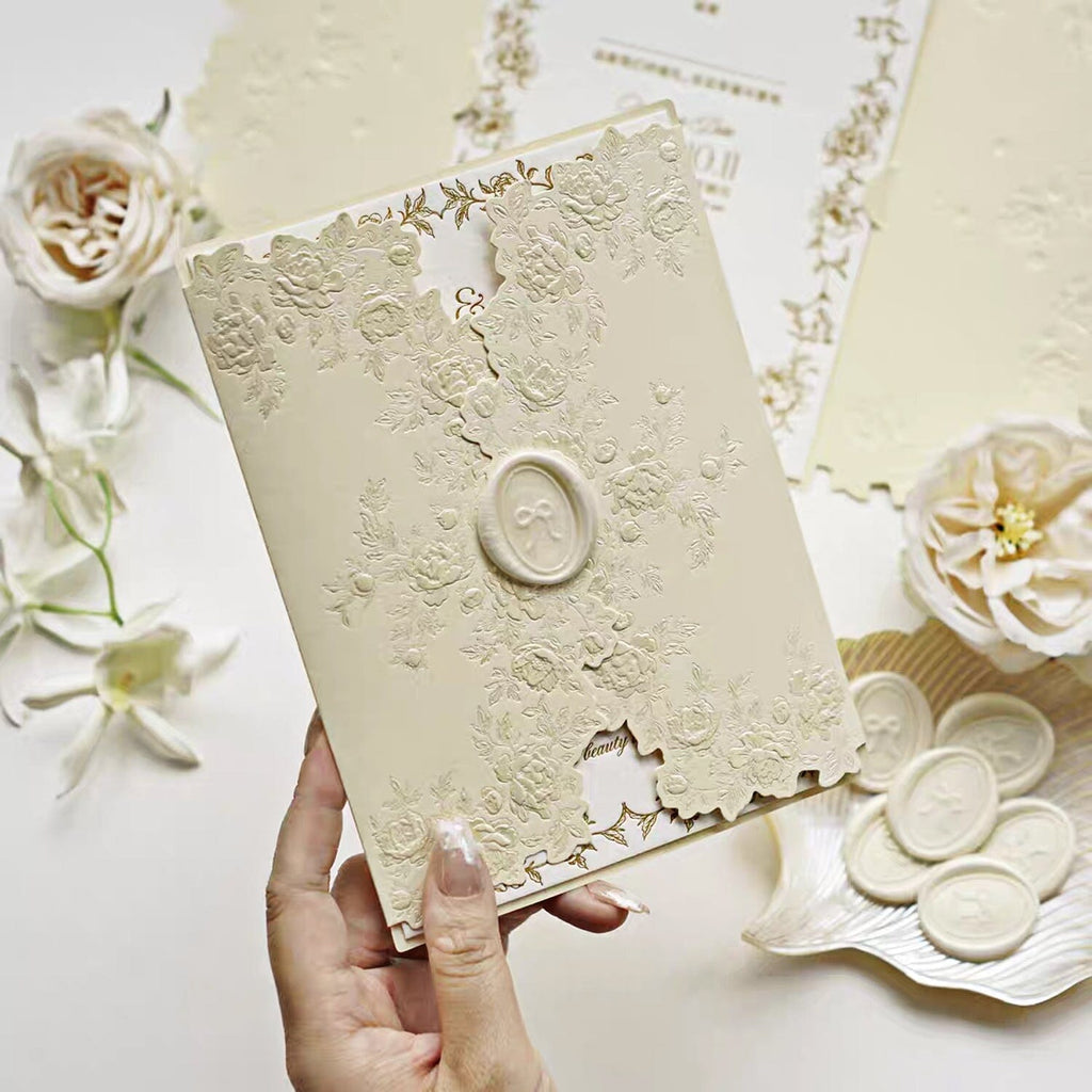 Beige Embossed Floral Wedding Invitation, Elegant Ivory Cotton Paper Invites, Ribbon Bow Wax Seal Wedding Ceremony Supplies Picky Bride 