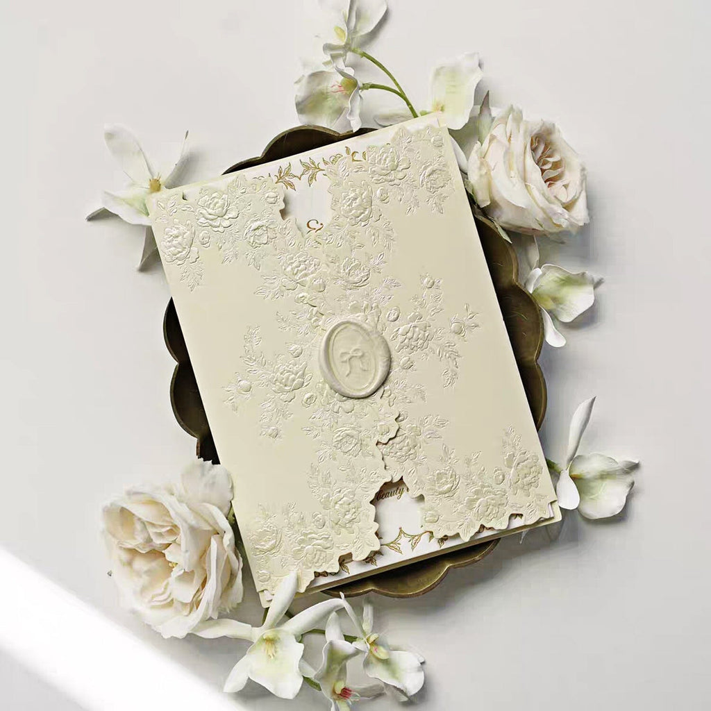 Beige Embossed Floral Wedding Invitation, Elegant Ivory Cotton Paper Invites, Ribbon Bow Wax Seal Wedding Ceremony Supplies Picky Bride 