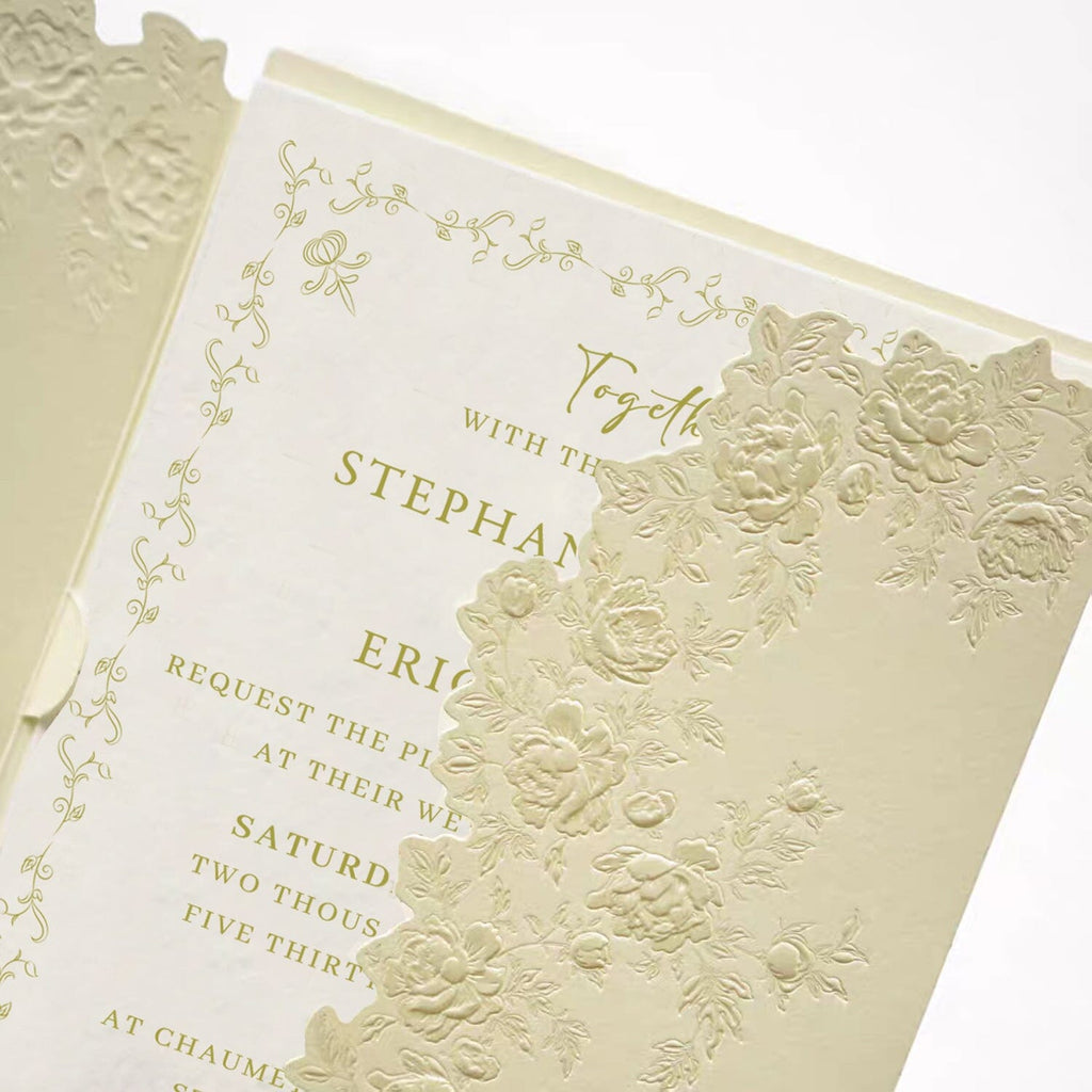 Beige Embossed Floral Wedding Invitation, Elegant Ivory Cotton Paper Invites, Ribbon Bow Wax Seal Wedding Ceremony Supplies Picky Bride 