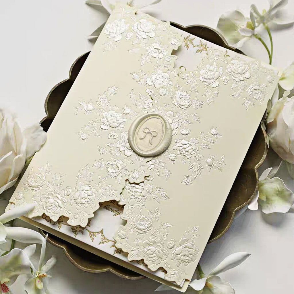 Beige Embossed Floral Wedding Invitation, Elegant Ivory Cotton Paper Invites, Ribbon Bow Wax Seal Wedding Ceremony Supplies Picky Bride 