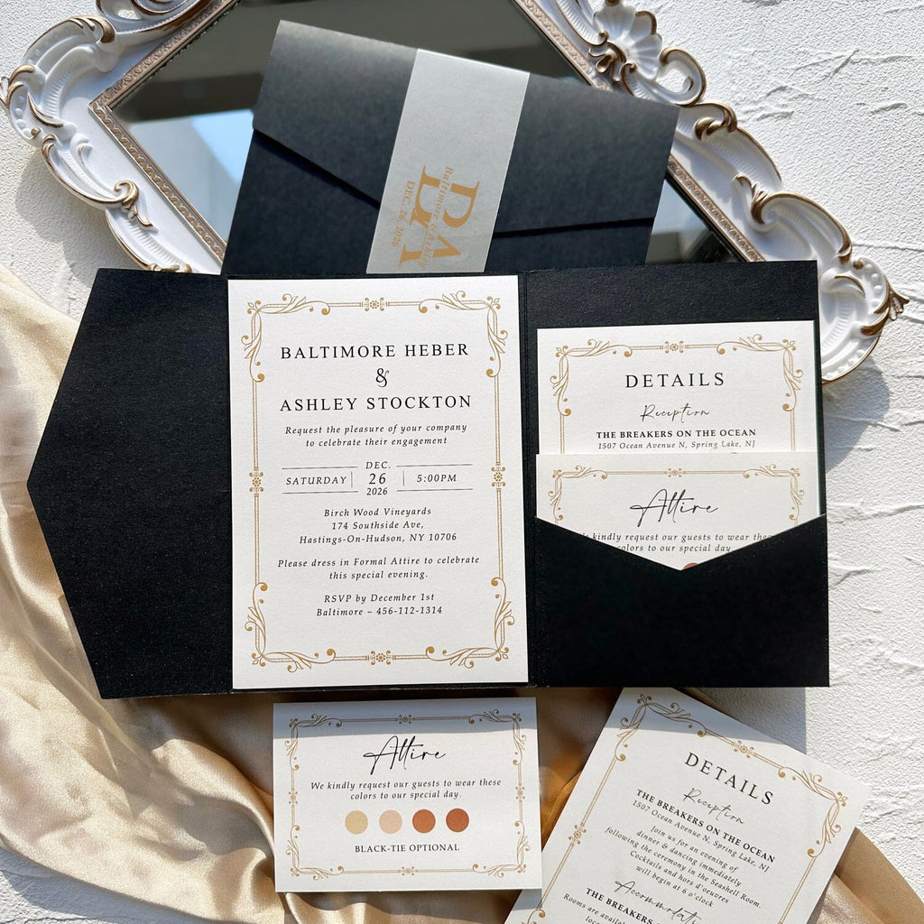 Black and Gold Pocket Wedding Invitation Set, Gold Printed Vellum Belly Band, Matching RSVP and Details Wedding Ceremony Supplies Picky Bride 