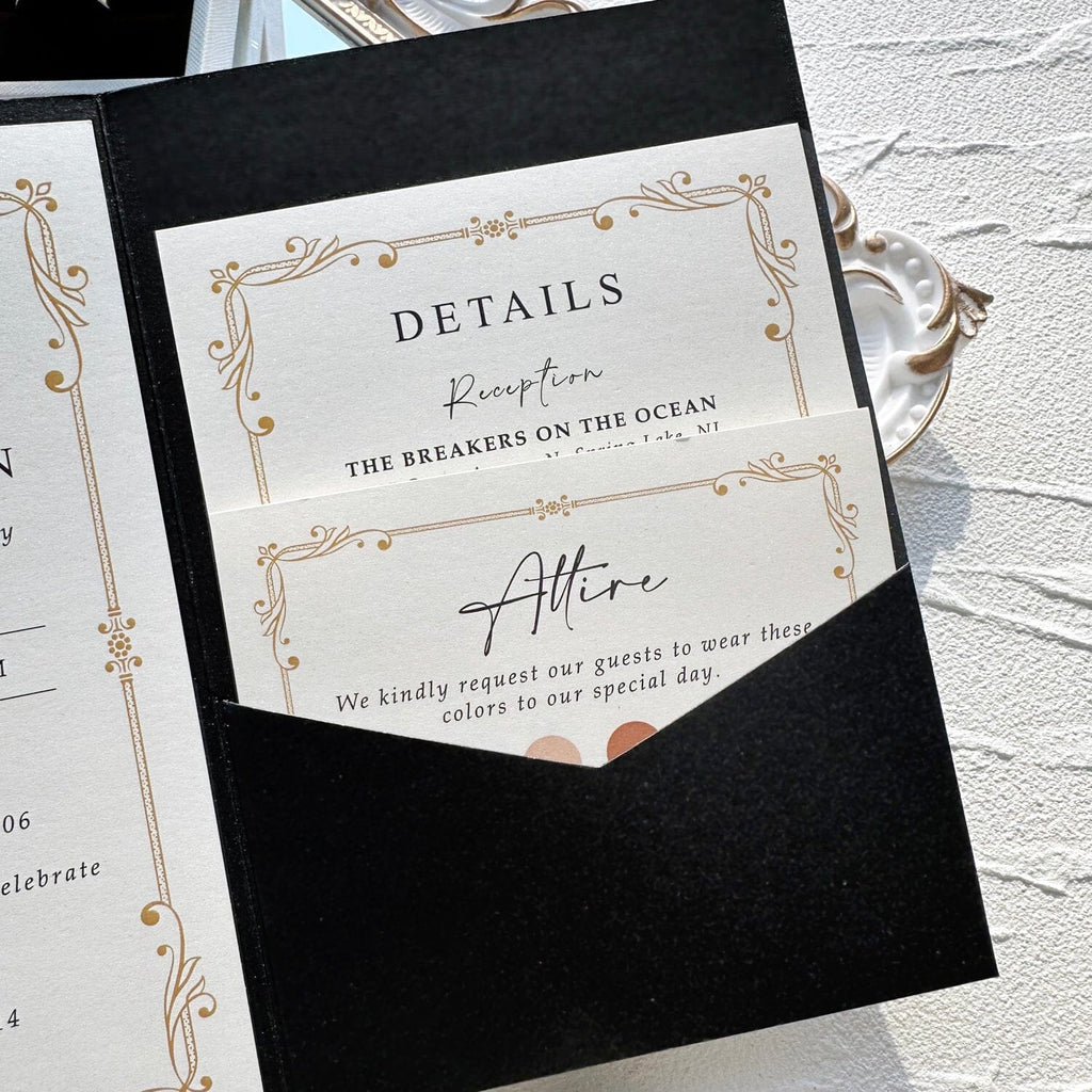 Black and Gold Pocket Wedding Invitation Set, Gold Printed Vellum Belly Band, Matching RSVP and Details Wedding Ceremony Supplies Picky Bride 