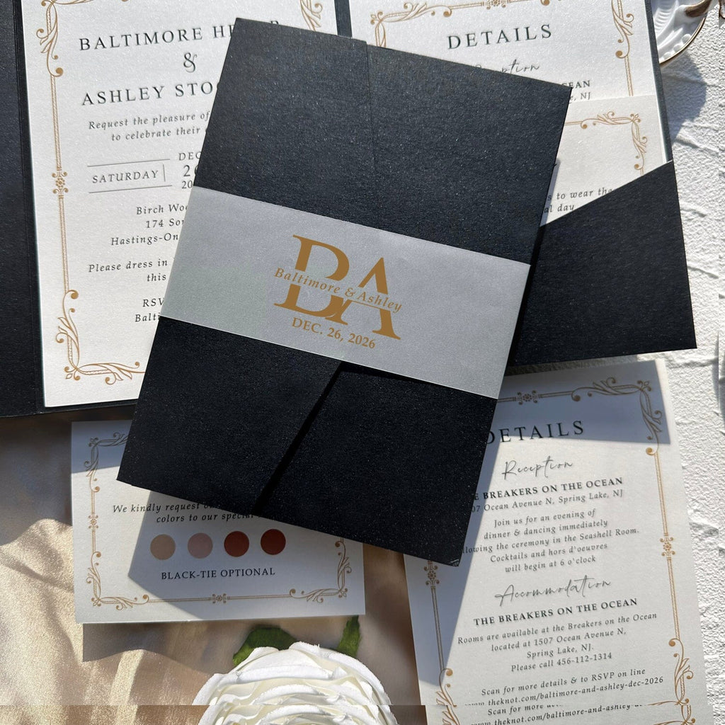 Black and Gold Pocket Wedding Invitation Set, Gold Printed Vellum Belly Band, Matching RSVP and Details Wedding Ceremony Supplies Picky Bride 