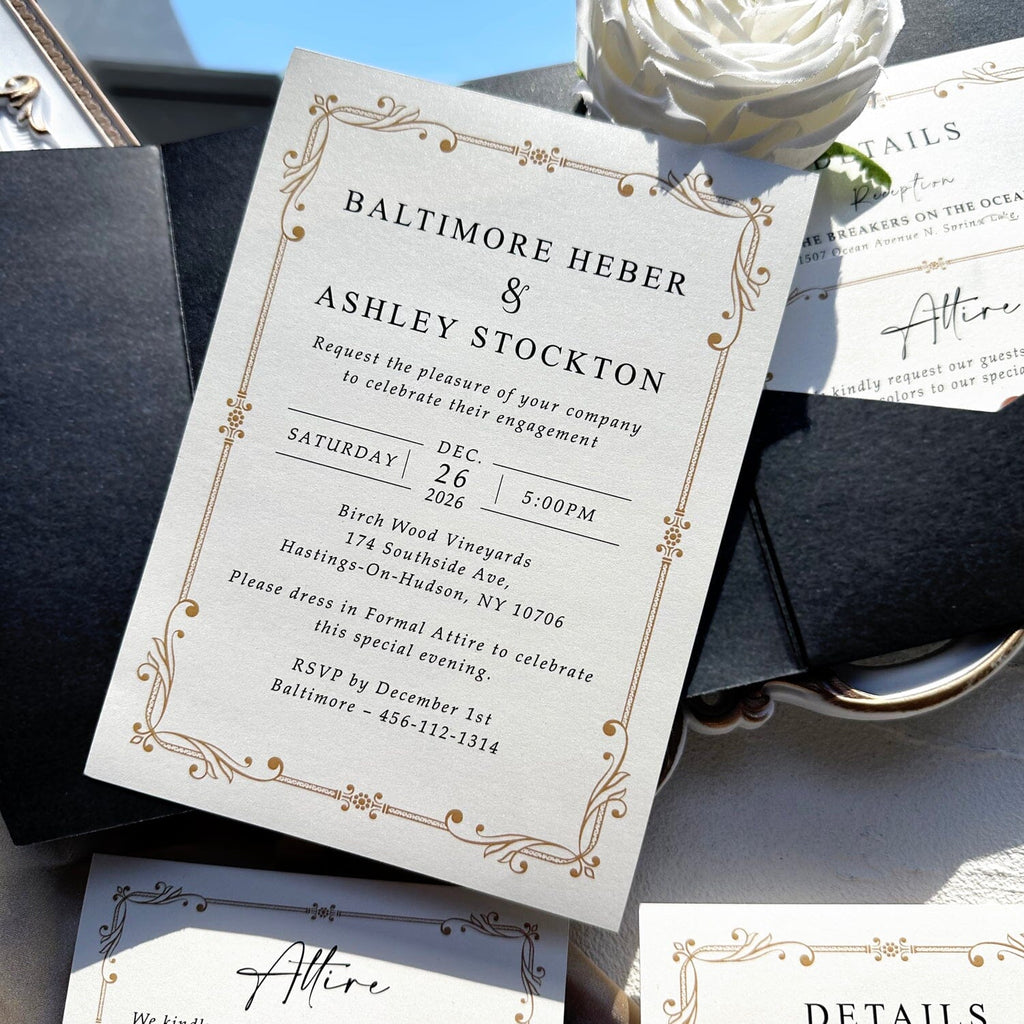 Black and Gold Pocket Wedding Invitation Set, Gold Printed Vellum Belly Band, Matching RSVP and Details Wedding Ceremony Supplies Picky Bride 