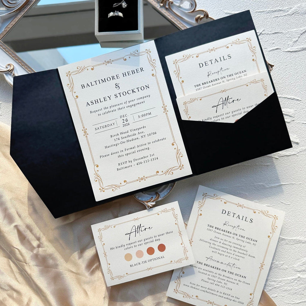 Black and Gold Pocket Wedding Invitation Set, Gold Printed Vellum Belly Band, Matching RSVP and Details Wedding Ceremony Supplies Picky Bride 