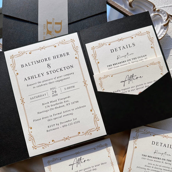 Black and Gold Pocket Wedding Invitation Set, Gold Printed Vellum Belly Band, Matching RSVP and Details Wedding Ceremony Supplies Picky Bride 