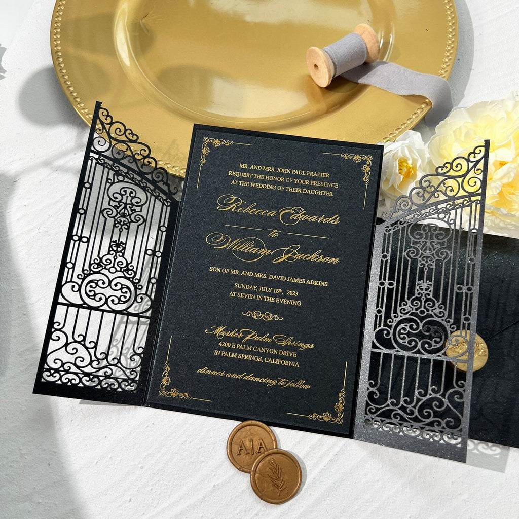 Black and Gold Wedding Invitation, Golden Acrylic Monogram Invitations, Luxury Gold Foil Wedding Card with Black Envelope Wedding Ceremony Supplies Picky Bride 