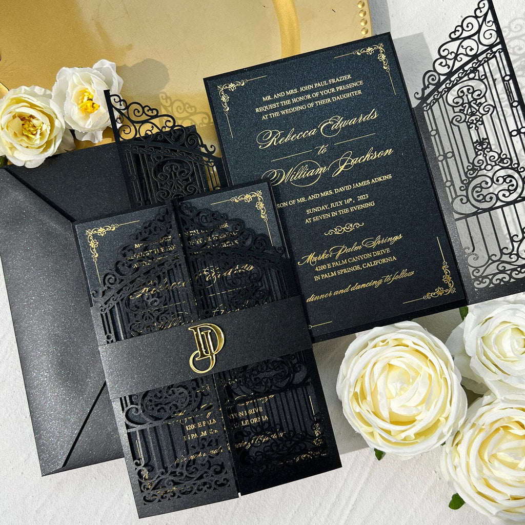 Black and Gold Wedding Invitation, Golden Acrylic Monogram Invitations, Luxury Gold Foil Wedding Card with Black Envelope Wedding Ceremony Supplies Picky Bride 