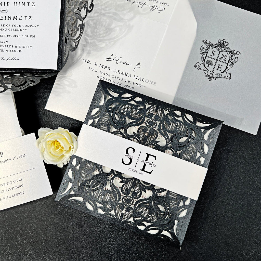 Black and White Laser Cut Wedding Invitation and RSVP, Monogram Invites Card, Elegant Wedding Logo Wedding Ceremony Supplies Picky Bride 