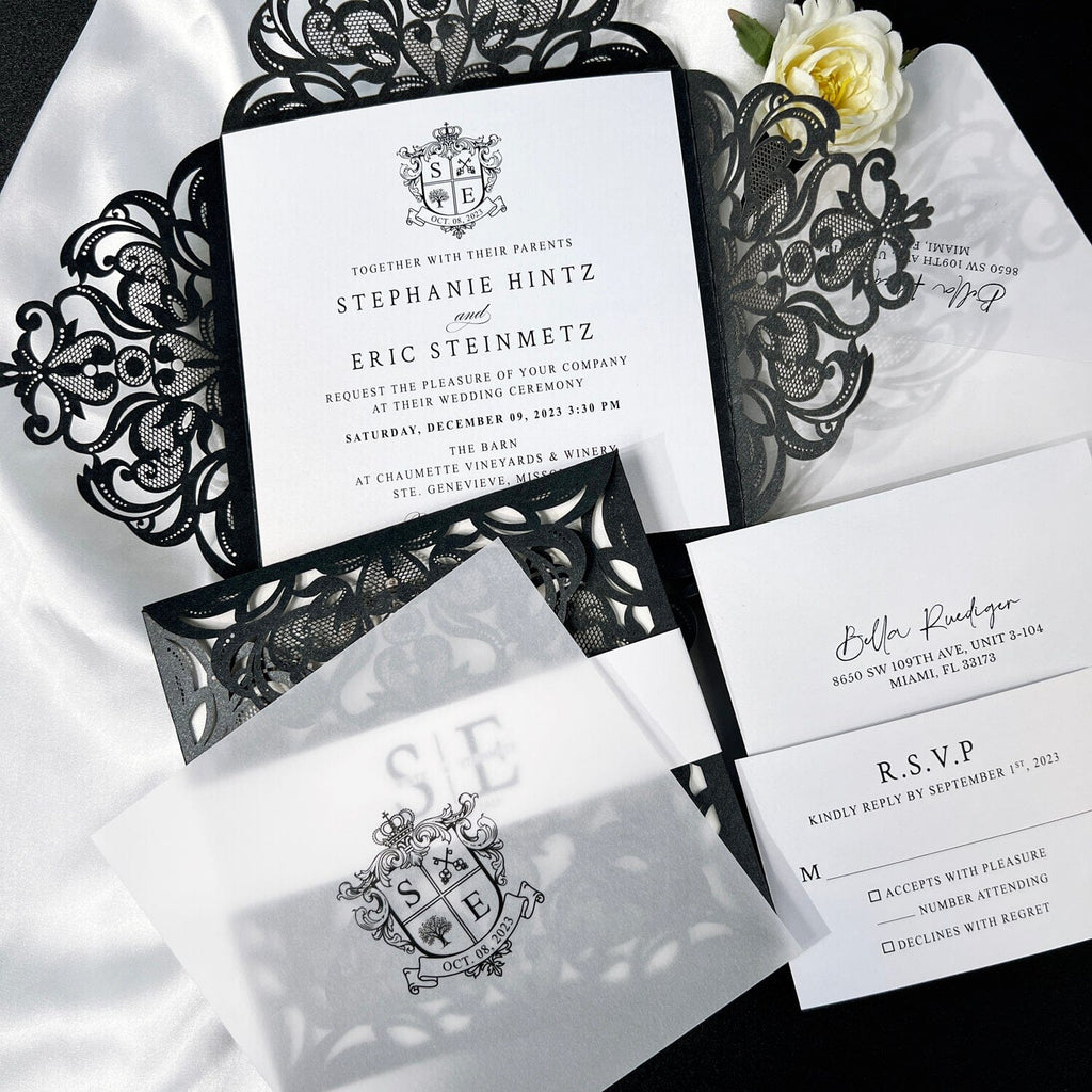 Black and White Laser Cut Wedding Invitation and RSVP, Monogram Invites Card, Elegant Wedding Logo Wedding Ceremony Supplies Picky Bride 
