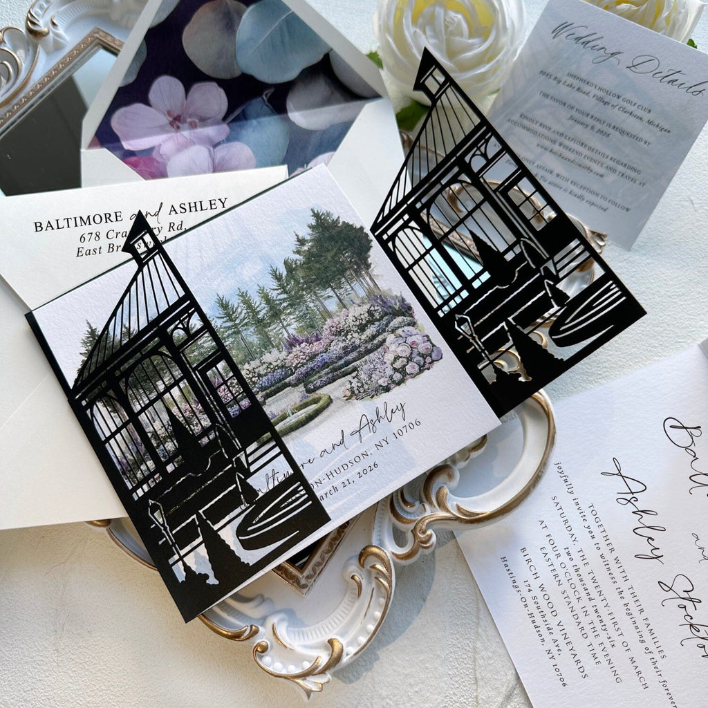 Black Laser Cut Iron Gate Wedding Invitation, Elegant Watercolor Garden Invites, Personalized Name Printed Belly Band, Details Wedding Ceremony Supplies Picky Bride 