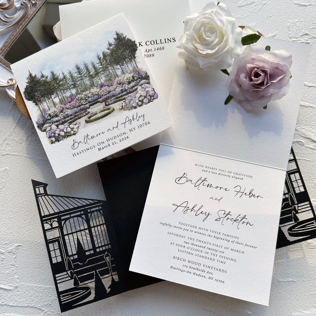 Black Laser Cut Iron Gate Wedding Invitation, Elegant Watercolor Garden Invites, Personalized Name Printed Belly Band, Details Wedding Ceremony Supplies Picky Bride 