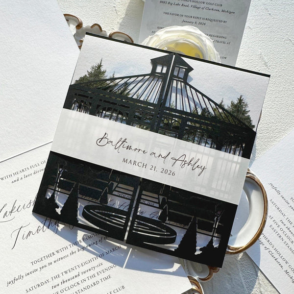 Black Laser Cut Iron Gate Wedding Invitation, Elegant Watercolor Garden Invites, Personalized Name Printed Belly Band, Details Wedding Ceremony Supplies Picky Bride 
