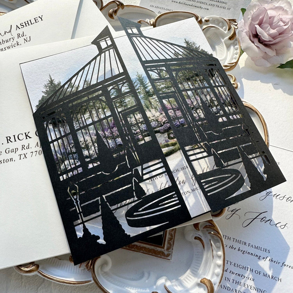 Black Laser Cut Iron Gate Wedding Invitation, Elegant Watercolor Garden Invites, Personalized Name Printed Belly Band, Details Wedding Ceremony Supplies Picky Bride 