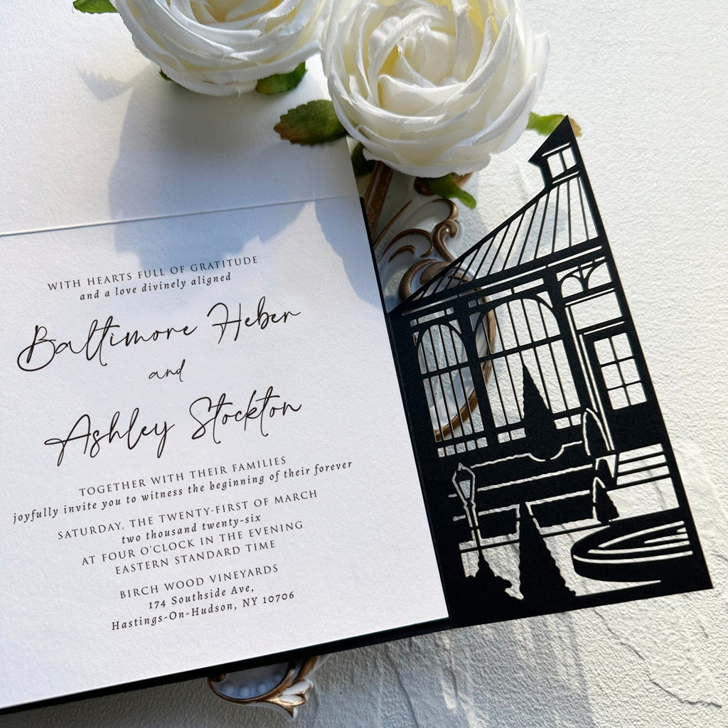 Black Laser Cut Iron Gate Wedding Invitation, Elegant Watercolor Garden Invites, Personalized Name Printed Belly Band, Details Wedding Ceremony Supplies Picky Bride 